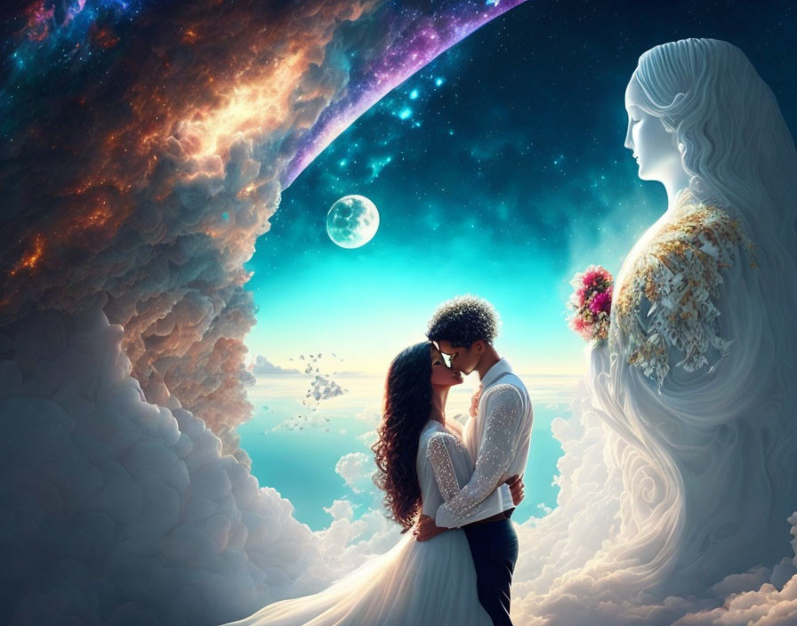 Couple Embraces in Surreal Scene with Cosmic Sky and Statuesque Figures