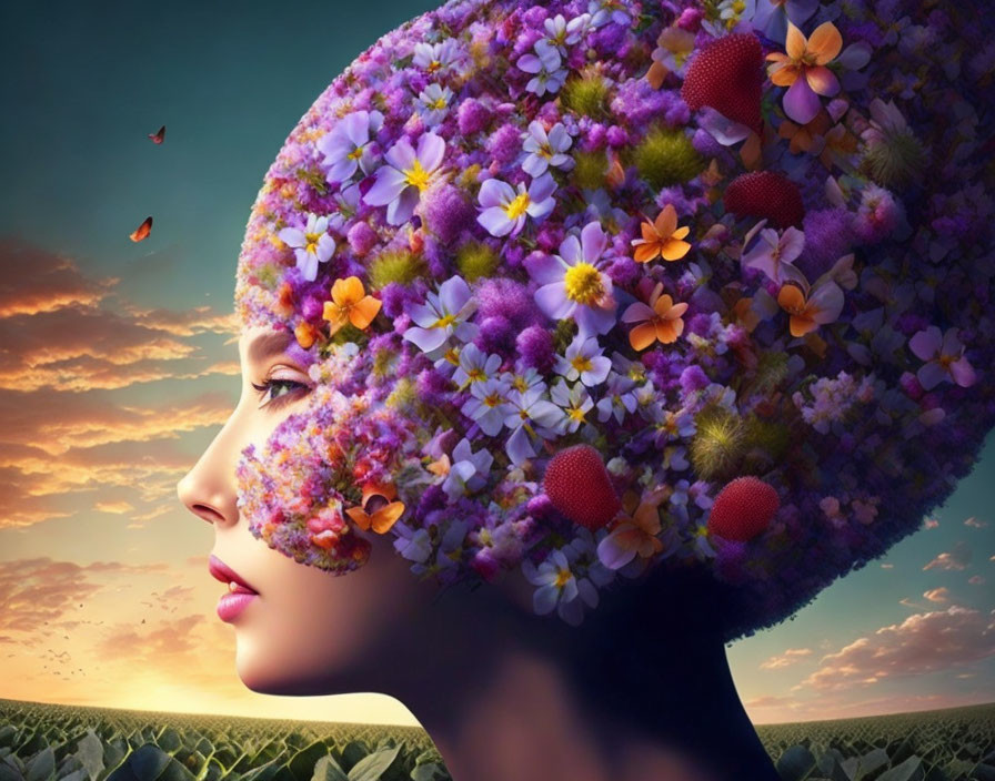 Colorful flower head profile against sunset sky with butterflies and field.