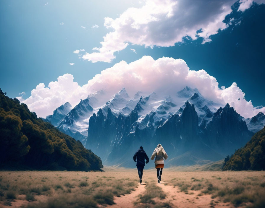 Two individuals walking towards mountain peaks under a cloudy sky