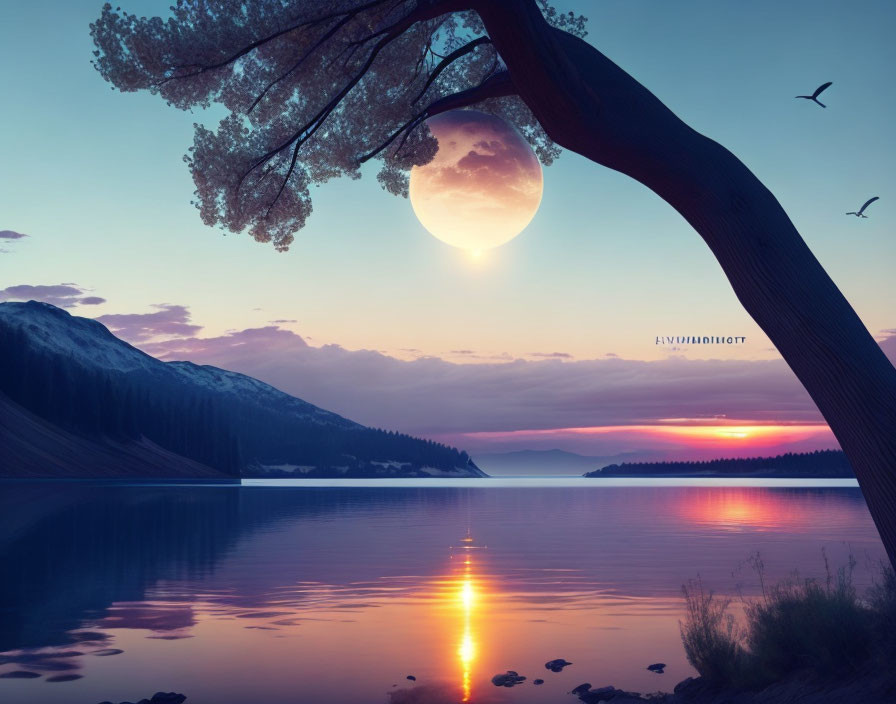 Tranquil full moon lake scene with mountains and colorful horizon