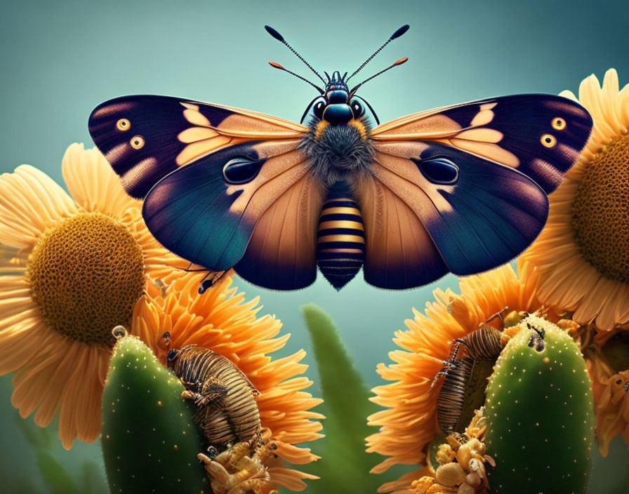 Colorful Butterfly Resting on Sunflowers Surrounded by Bees and Cacti