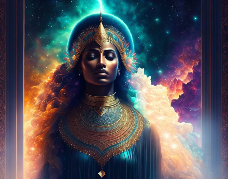 Regal figure with ornate headgear in cosmic background