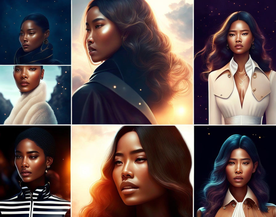 Six Stylized Woman Portraits with Various Hairstyles and Outfits on Starry Night Backgrounds