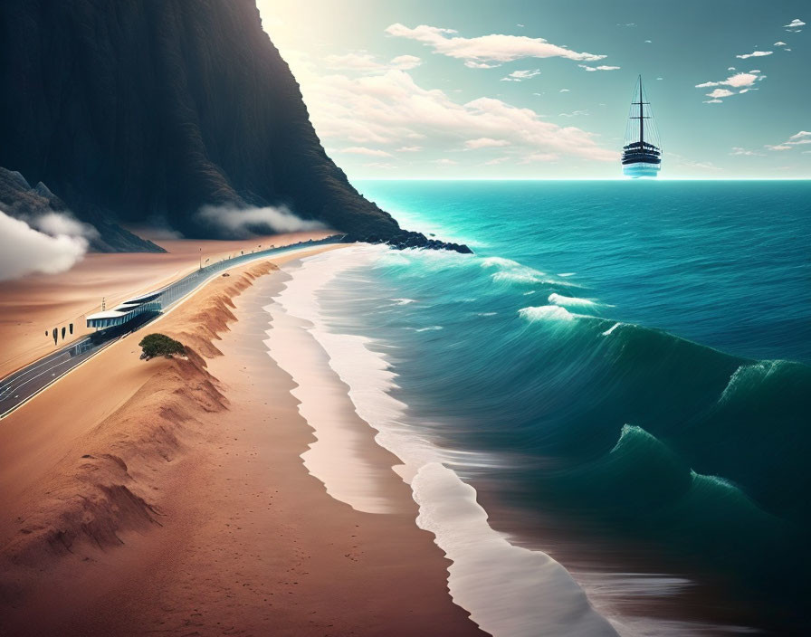 Scenic beach landscape with train, waves, sailboat, and cliffs