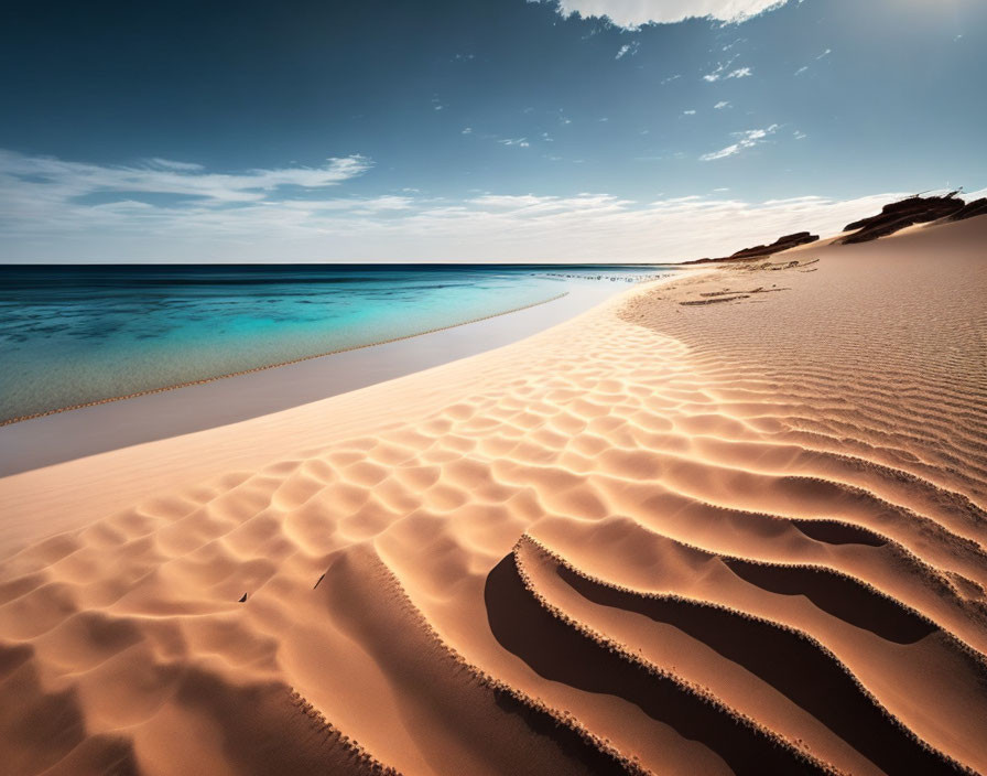 Tranquil beach scene with clear blue sky and rippling sand dunes