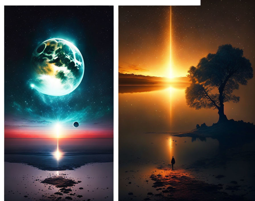 Surreal landscapes: giant moon over red horizon, person under starry sky with celestial beam