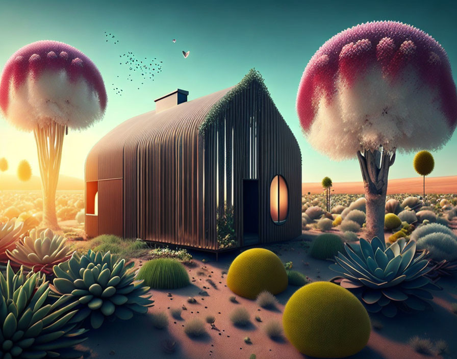 Modern cabin surrounded by surreal desert flora and jellyfish-like trees at sunset