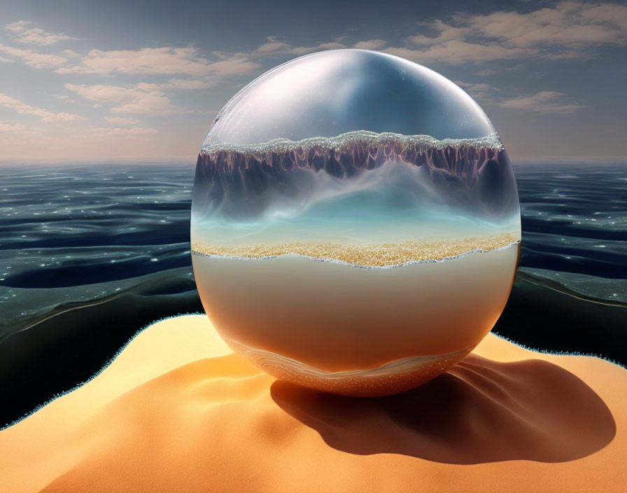 Transparent Sphere Enclosing Miniature Ocean on Sandy Beach