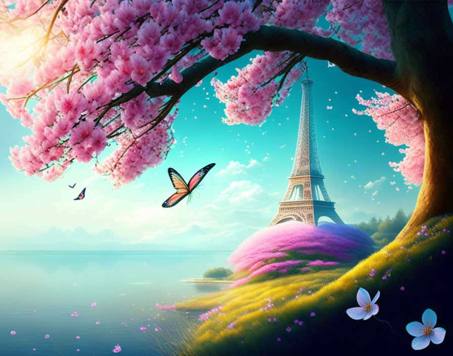 Fantasy landscape with Eiffel Tower, pink trees, butterfly, and serene water body