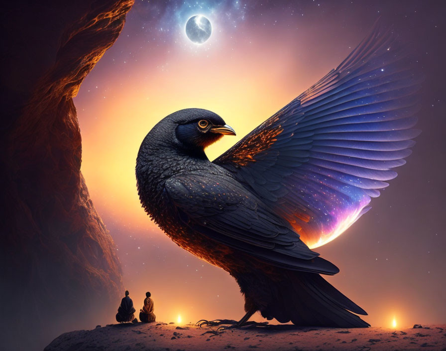 Giant raven with shimmering wings and small human figures under starry sky