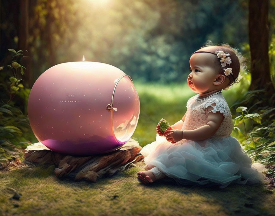 Baby in white dress near glowing purple sphere in sunlit forest.