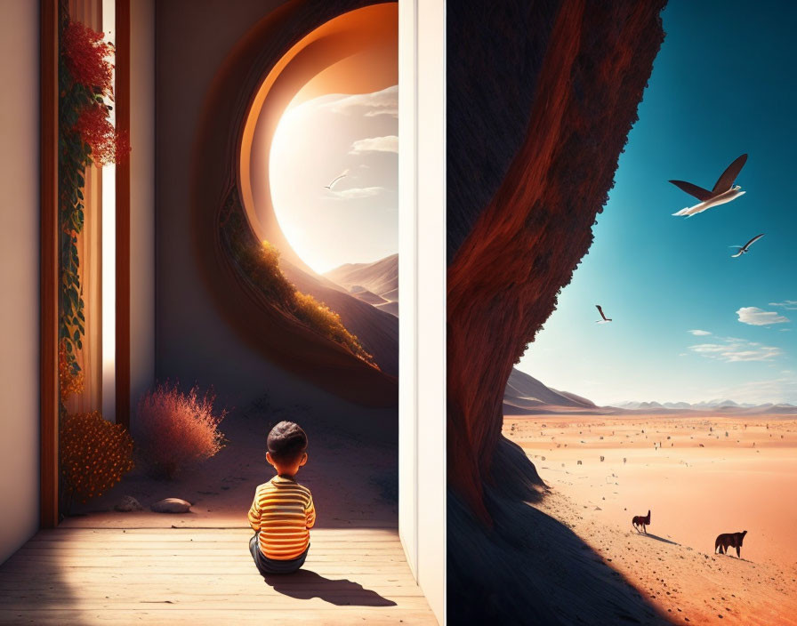 Child at surreal doorway blending indoor scene with wild desert landscape