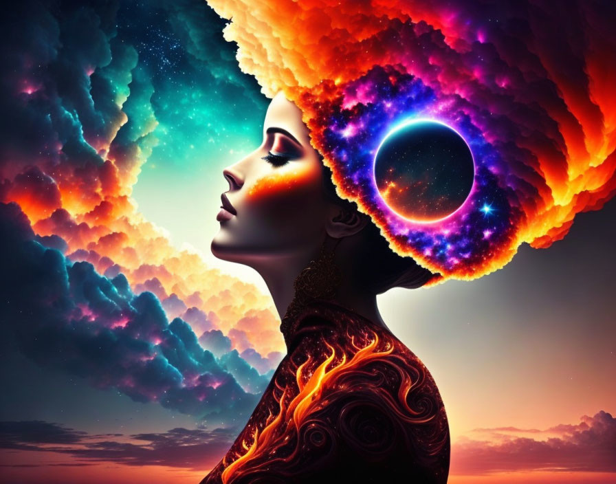 Woman's profile with cosmic elements: vibrant nebula and ringed planet in her hair, against celestial