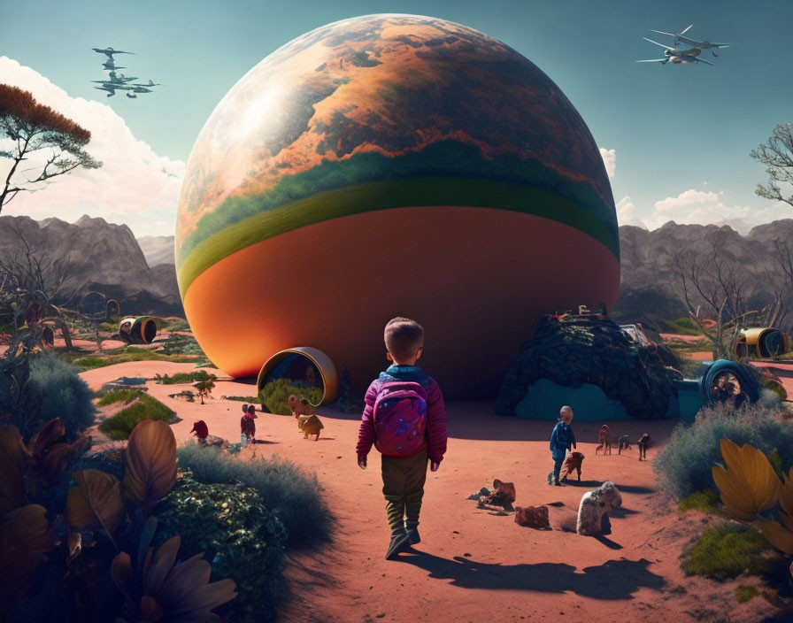 Child with backpack observes giant planet in surreal futuristic landscape