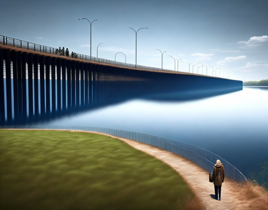 Person admiring bridge over calm lake on sunny day