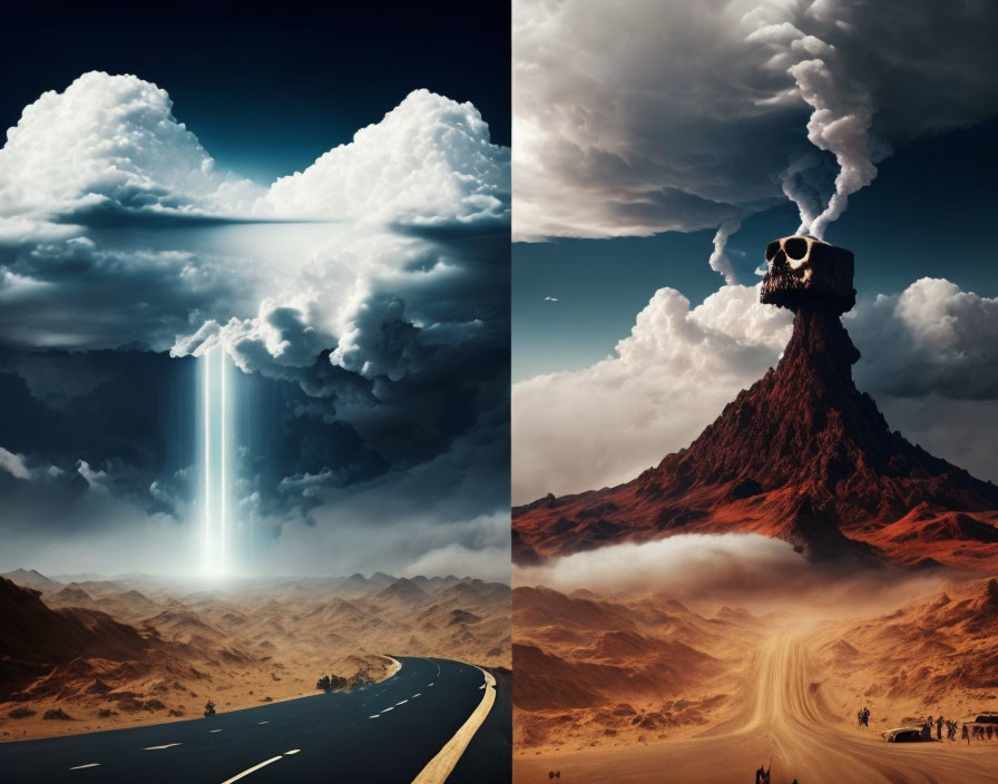 Split-image artwork: serene road under calm clouds vs. dystopic volcano emitting dark smoke