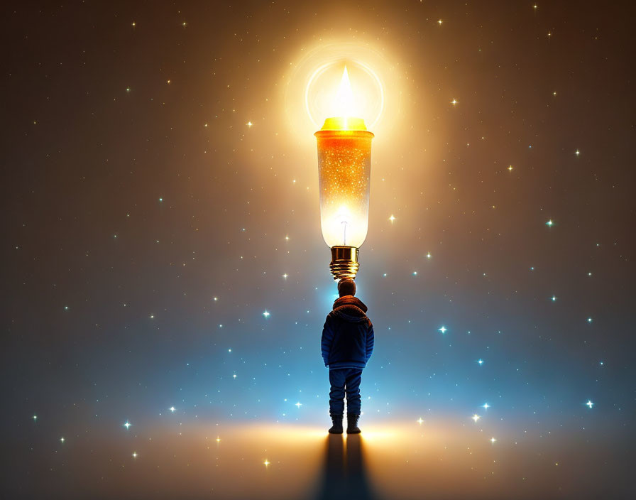 Person standing in front of giant glowing light bulb amidst sparkling stars