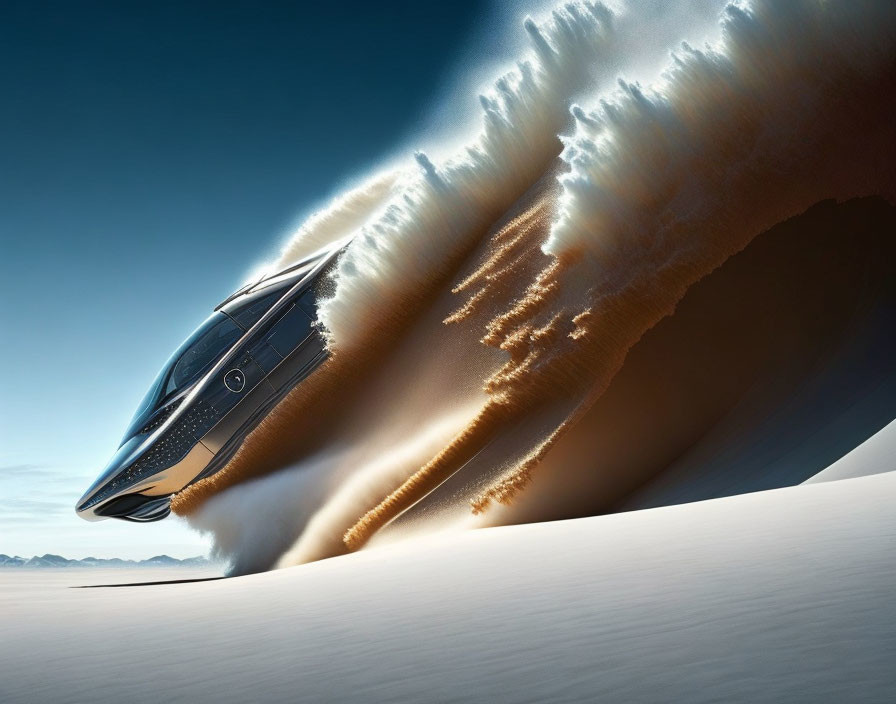 Futuristic train speeding through desert creates swirling sand wave