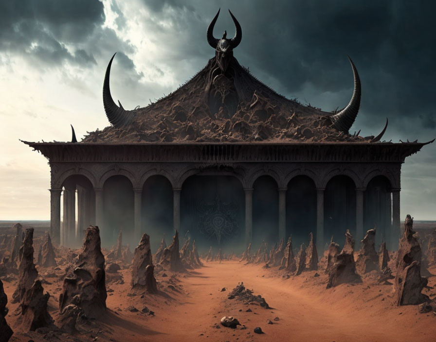 Ancient temple with dark statues and horns in desolate terrain