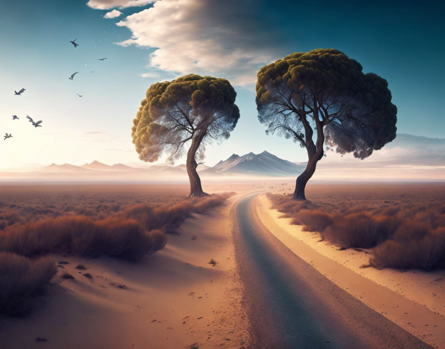 Tranquil landscape with trees, road, mountains, sky, and birds