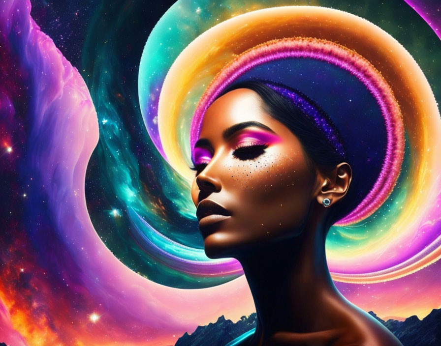 Vibrant cosmic digital art portrait of a woman with stars and nebula backdrop