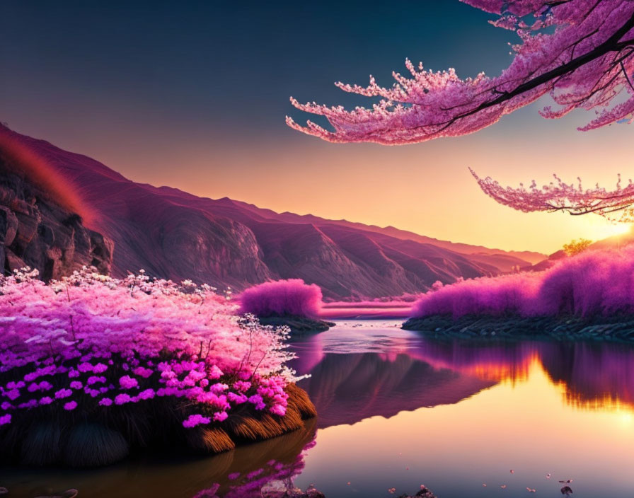 Tranquil Sunset River Landscape with Pink Cherry Blossoms