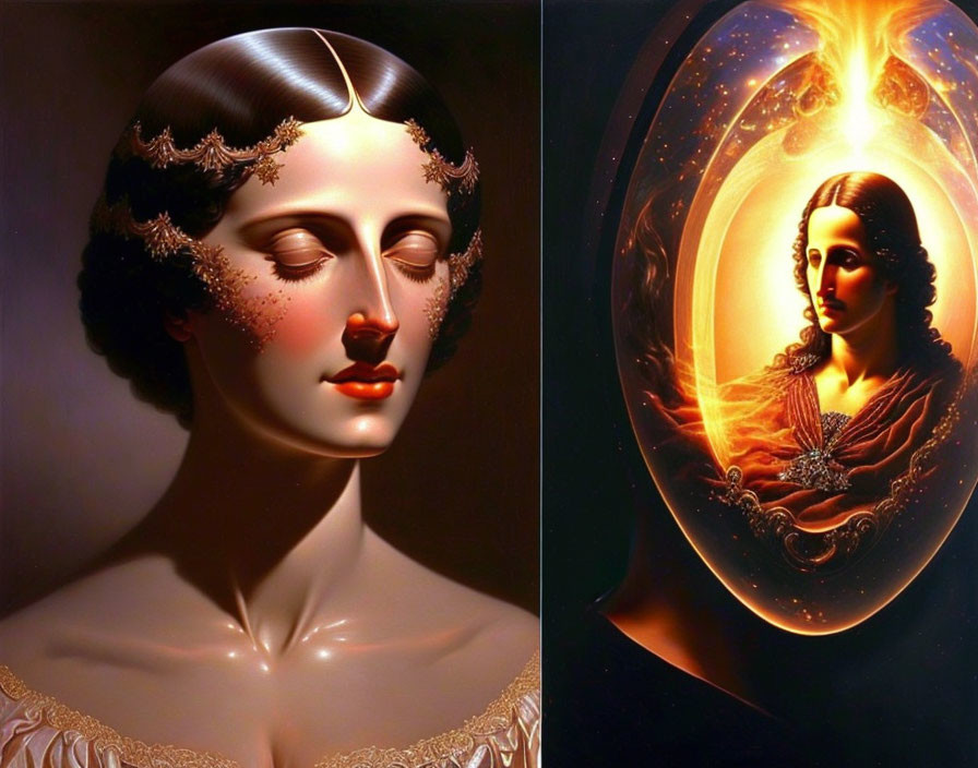 Classical female bust with Art Deco features and reimagined portrait with fiery cosmic backdrop.