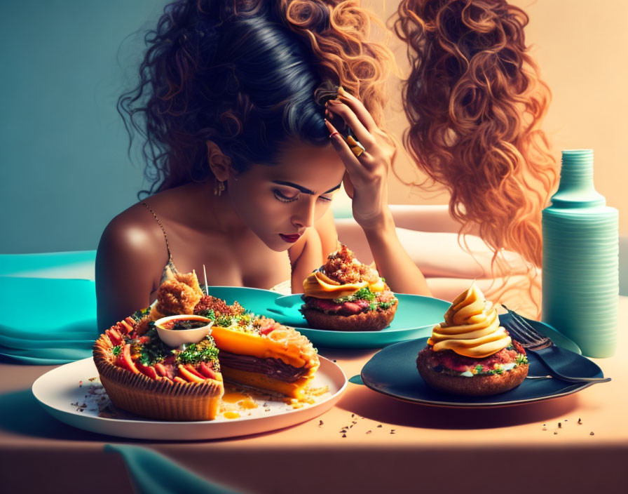 Woman sitting at table with various dishes, deep in thought.