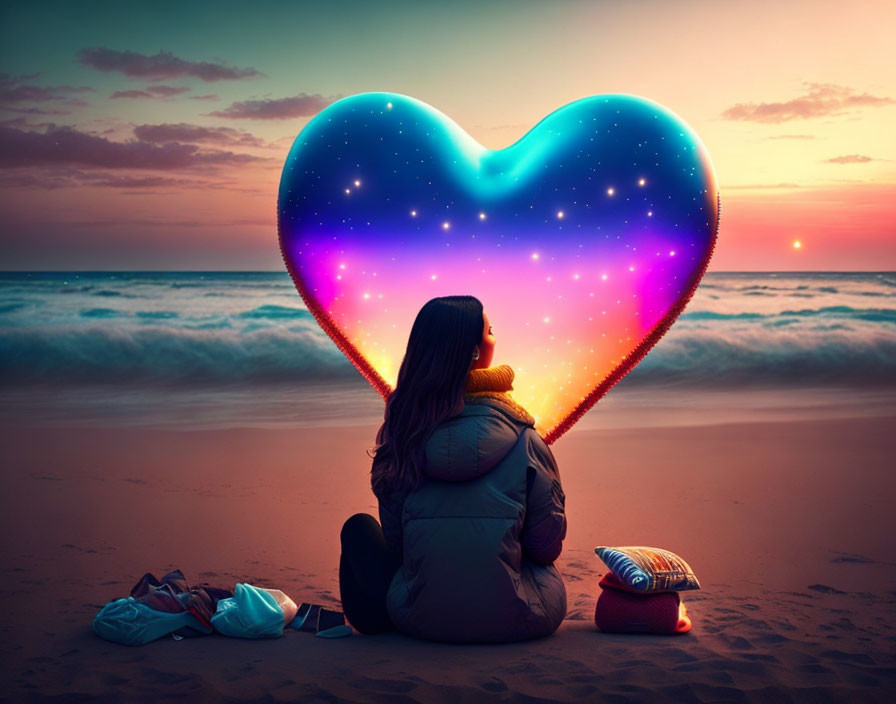 Woman sitting on beach at sunset under heart-shaped aurora with scattered belongings