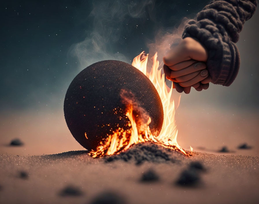 Hand warming over glowing ember sphere with flames on sandy surface