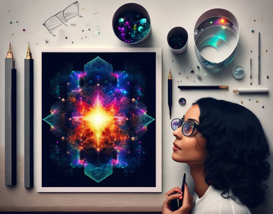 Woman with glasses admires cosmic illustration and creative tools on desk