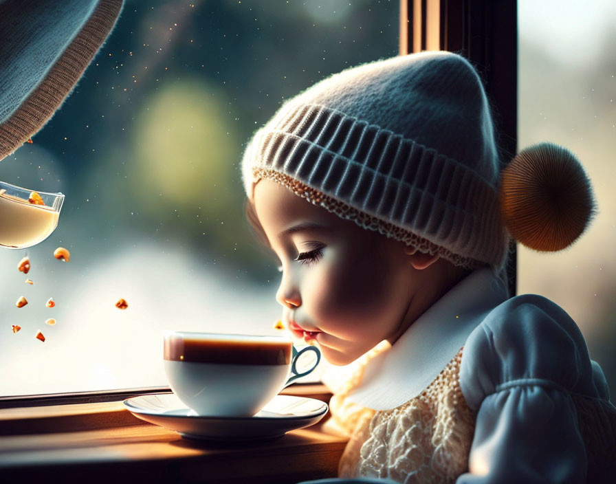 Curious child in warm hat gazes at hot drink by snowy window