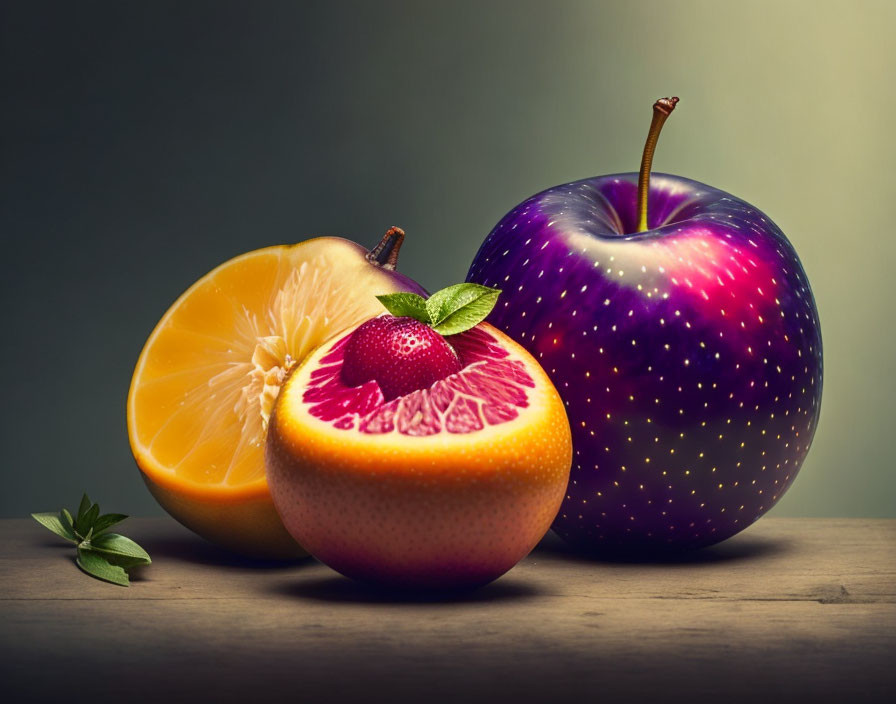 Digitally altered image of fruits with unique textures and features