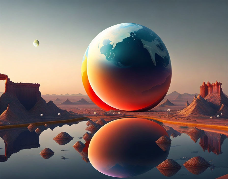 Surreal landscape with oversized Earth over calm lake and desert mountains