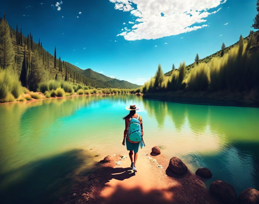 Person in hat with backpack by tranquil turquoise river amidst lush green trees under clear blue sky.