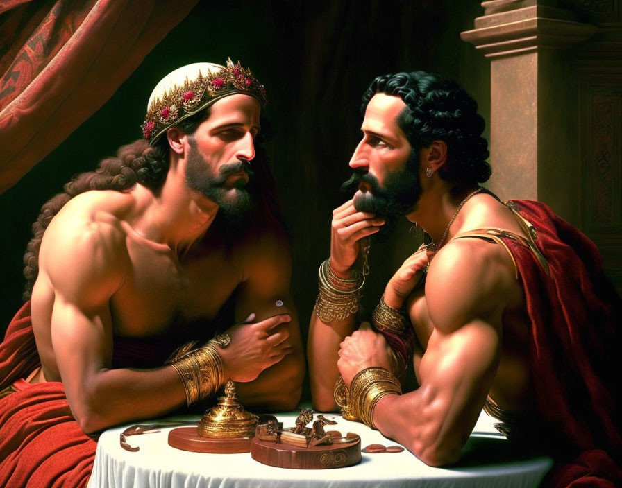 Ancient regalia-clad men in deep contemplation over a strategic game.