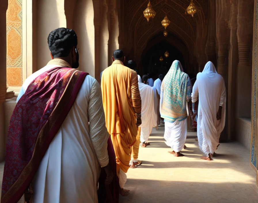 Traditional South Asian attired group walking under ornate sunlit archway