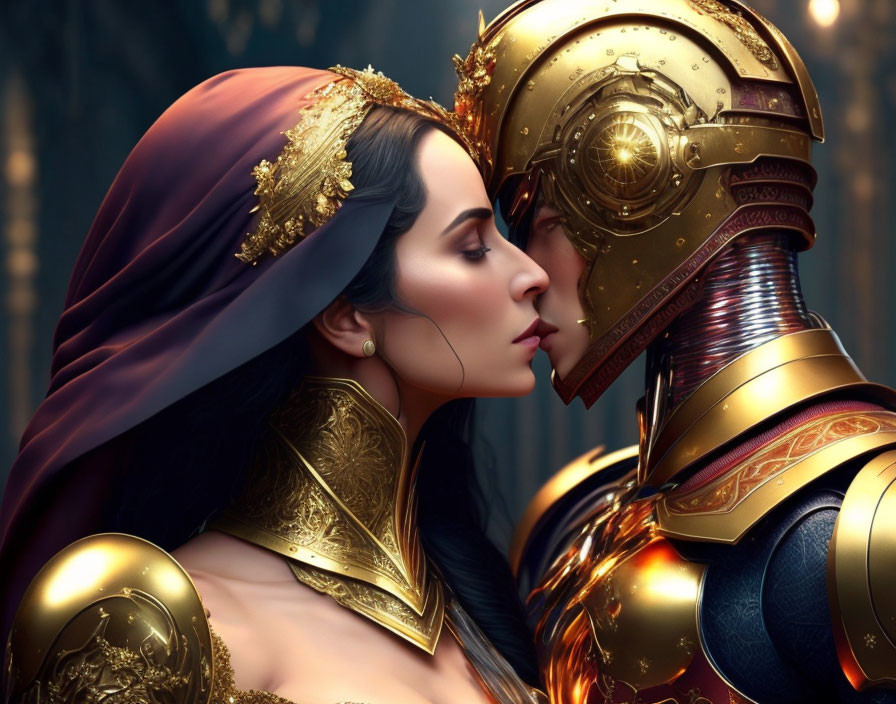 Medieval warrior and woman with crown kissing in golden armor scene