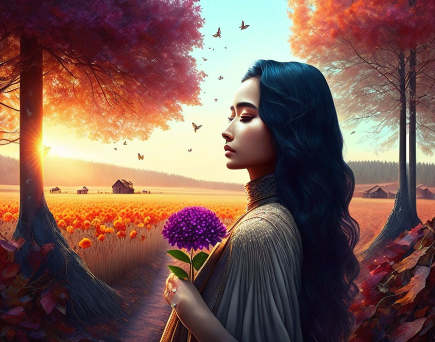 Woman with Long Dark Hair in Vibrant Autumn Landscape Holding Purple Flower