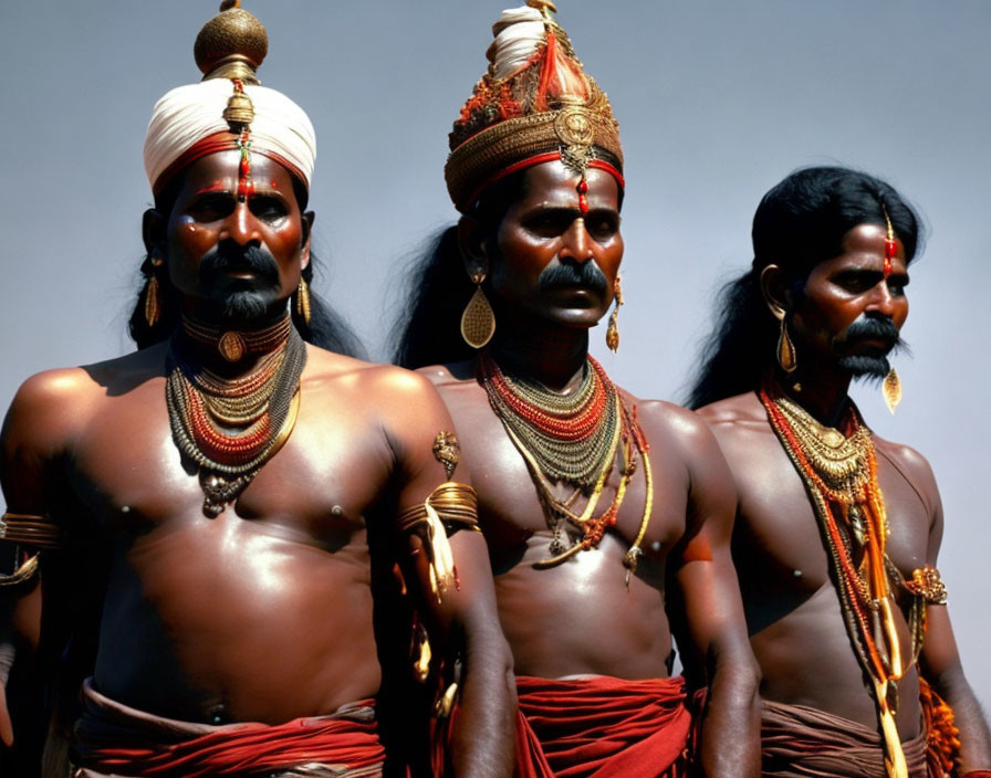 Men in traditional headwear and body paint against clear sky