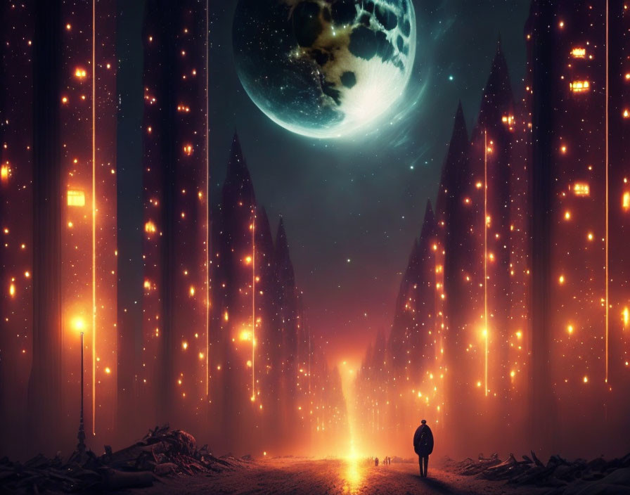 Person standing at end of illuminated path under oversized moon and starry sky.