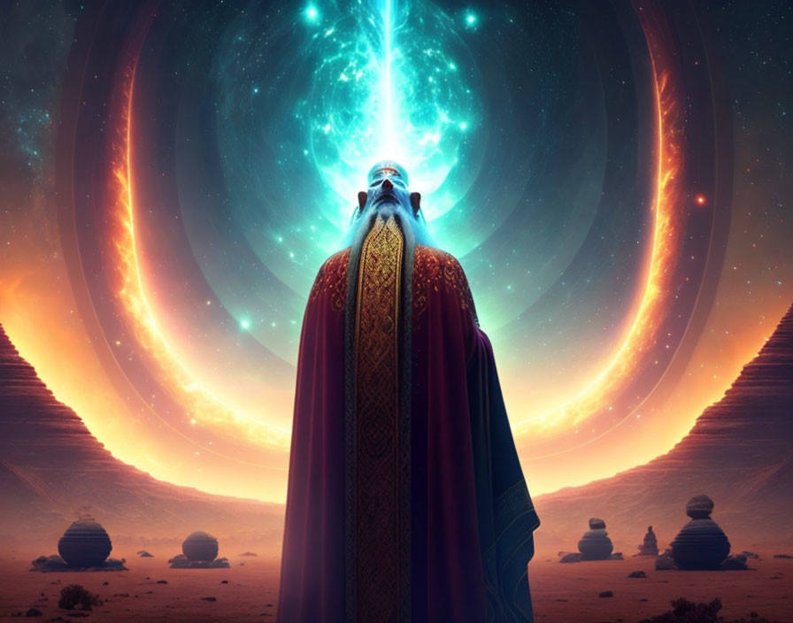 Wizard in ornate robes gazes at glowing magical portal in mystical desert landscape.