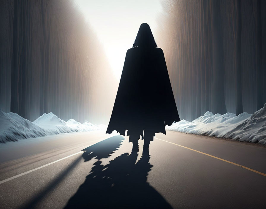 Silhouetted figure in cape on snowy road with dramatic lighting