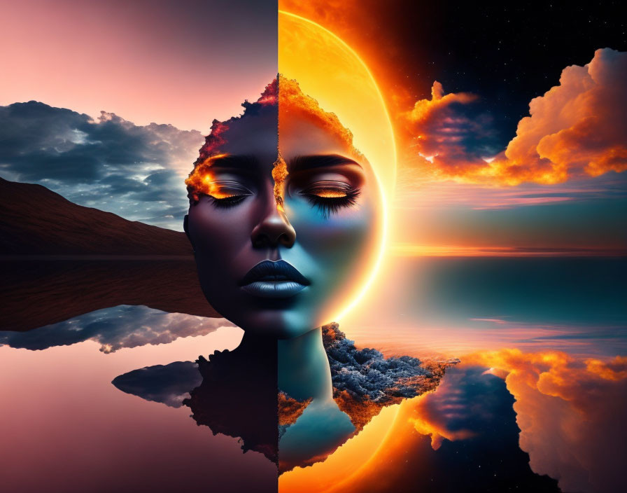 Surreal image: Woman's face split with sunset and night sky