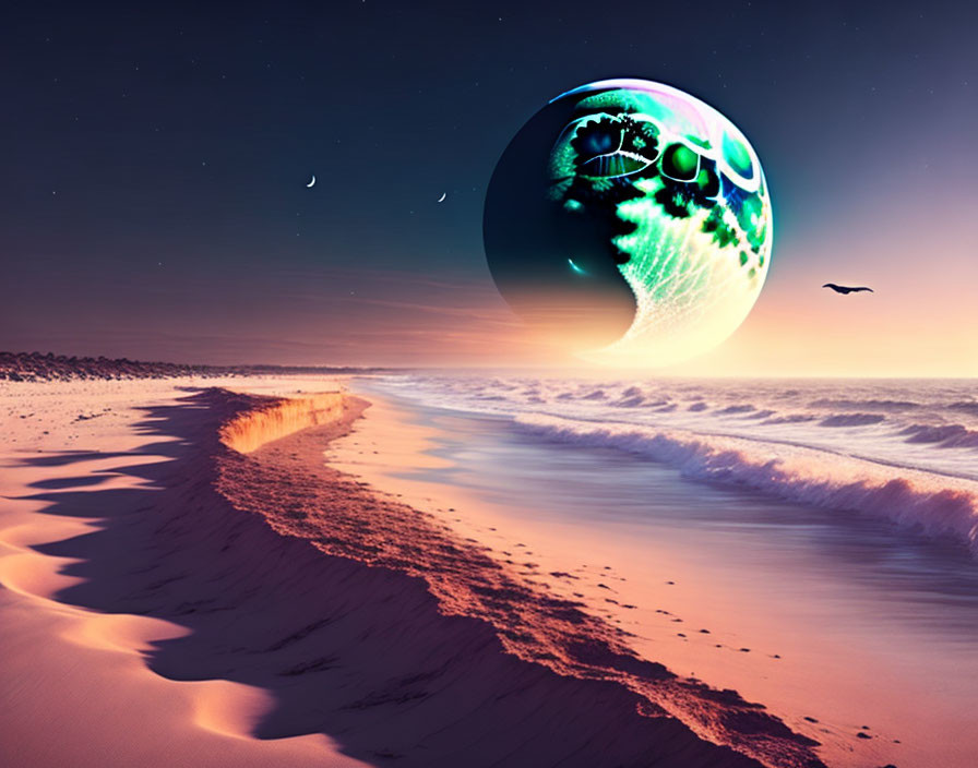 Surreal beach sunset with large planet casting glow