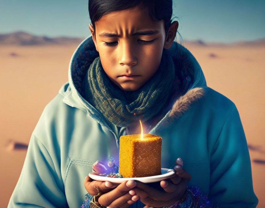 Boy in desert holding mystical glowing cube with candle - eyes closed