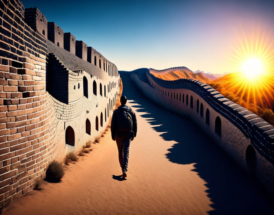 Person walking on Great Wall of China under sun and shadows