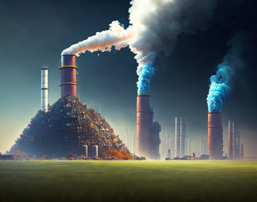 Industrial chimneys emitting smoke against a hazy backdrop with a dystopian feel