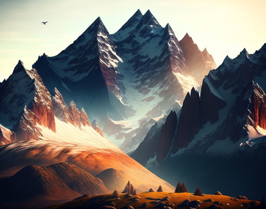 Majestic mountain range under golden light with soaring bird