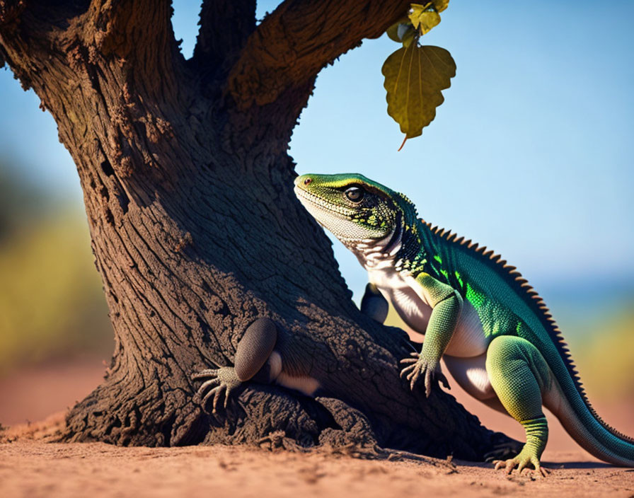 Green lizard with black markings near tree base, leaf above, blurred background.